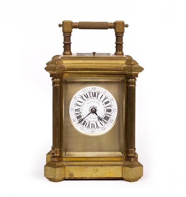 Lot 448 - A LATE 19TH/EARLY 20TH CENTURY BRASS AMERICAN REPEATER CARRIAGE CLOCK