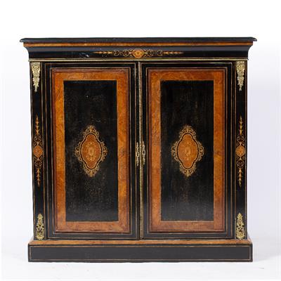 Lot 457 - A VICTORIAN EBONISED AND INLAID TWO DOOR CABINET