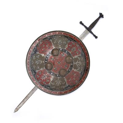 Lot 482 - A WHITE METAL INDIAN STYLE CIRCULAR SHIELD