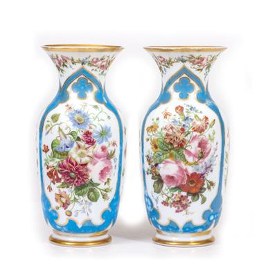 Lot 483 - A PAIR OF FRENCH WHITE GLASS FLOWER DECORATED PARCEL GILT VASES