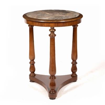 Lot 493 - AN EMPIRE STYLE CIRCULAR MAHOGANY MARBLE INSET OCCASIONAL TABLE