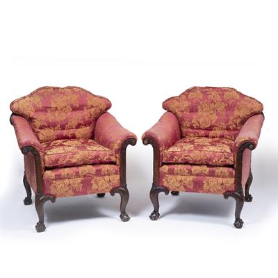 Lot 495 - A PAIR OF EDWARDIAN MAHOGANY FRAMED ARMCHAIRS