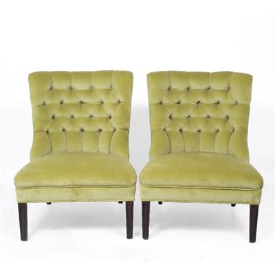 Lot 508 - A PAIR OF CONTEMPORARY PEA GREEN UPHOLSTERED OCCASIONAL CHAIRS