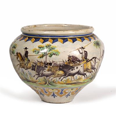 Lot 511 - AN ANTIQUE SPANISH TIN GLAZED JARDINIERE