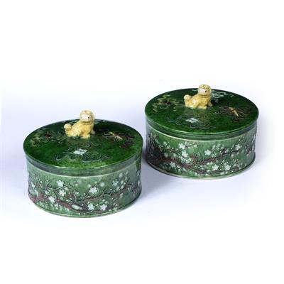 Lot 61 - Pair of green glazed lidded bowls