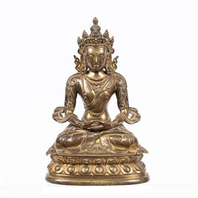 Lot 214 - Gilt bronze figure of a crowned Manjusri