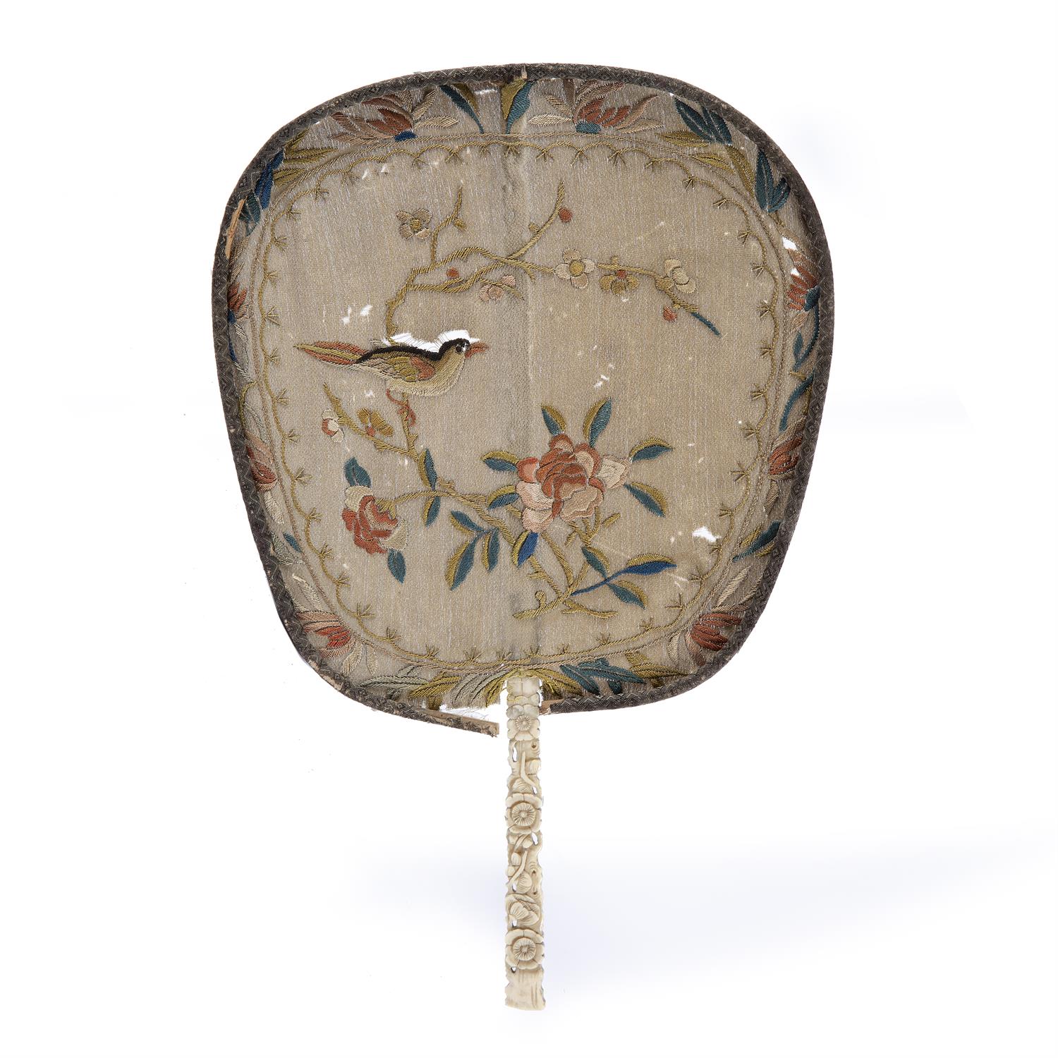 Lot 243 - Ivory and silk embroidered rigid fan (pien mien)