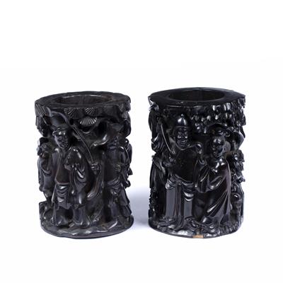 Lot 284 - Pair of relief carved brush pots