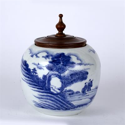 Lot 390 - Blue and white porcelain jar and wood cover