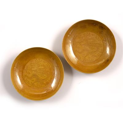 Lot 487 - Yellow glazed saucer dishes