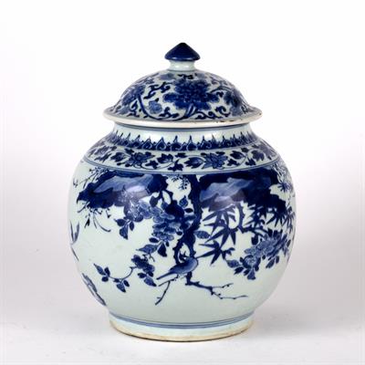 Lot 493 - Blue and white globular jar shaped vase and cover