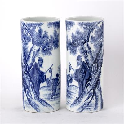 Lot 529 - Pair of blue and white porcelain sleeve vases