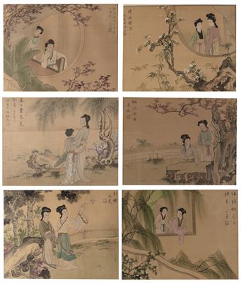 Lot 740 - Collection of six silk paintings
