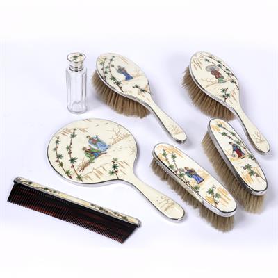 Lot 801 - Silver enamel dressing table vanity set