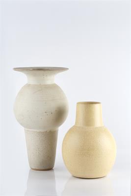 Lot 30 - Alan Brough (1924-2012)
Two vessels
oatmeal glaze
both with painted initials 
38cm and 26cm high (2)