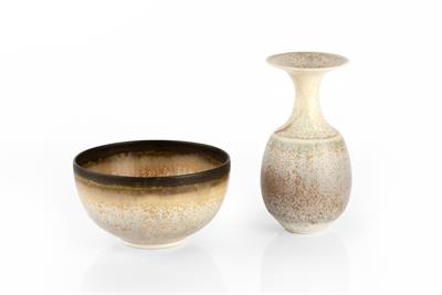 Lot 99 - Hazel Johnston (1933-2011)
Miniature vase and bowl
mottled cream glazes
both with impressed...