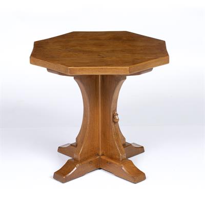 Lot 223 - Robert Thompson of Kilburn (1876-1955)
Mouseman coffee table
oak with X-shaped base
carved mouse...