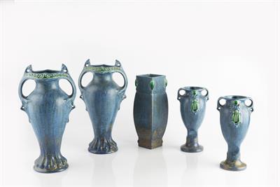 Lot 236 - Art Nouveau
Five Austrian vases, early 20th Century
blue glaze
impressed marks
29cm high (5)