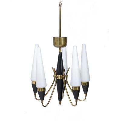 Lot 274 - Italian School
Modernist ceiling five branch chandelier
brass frame with slender opaline...