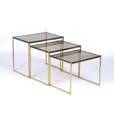 Lot 316 - Italian School
Nest of tables, circa 1950
brass frames with glass tops
46cm high, 54cm wide