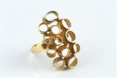 Lot 361M - Jack Spencer
18ct gold dress ring
abstract and textured hoop design
with shield-shaped maker's...