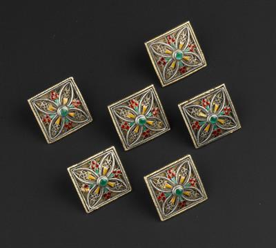 Lot 371M - Jacob Tostrup 
Set of six buttons
each square panel applied with a filigree quatrefoil...