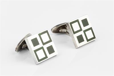 Lot 374M - Magnus Steffensen for Georg Jensen
Mosaic cufflinks
each square panel with green enamel geometric...