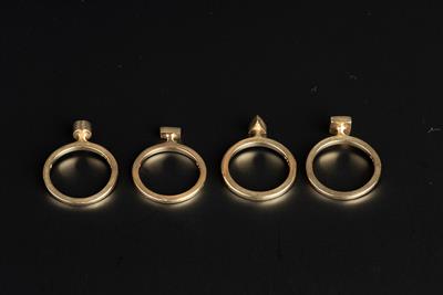 Lot 384 - Wendy Ramshaw (1939 - 2018)
Four 9ct gold stacking rings
applied with geometric panels
signed