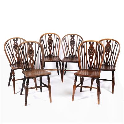 Lot 13 - Near set of six 'Oxford' elm and ash wheel-back chairs
