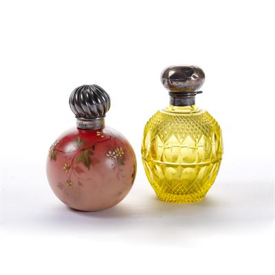 Lot 218 - Two Victorian perfume or scent bottles with silver mounts