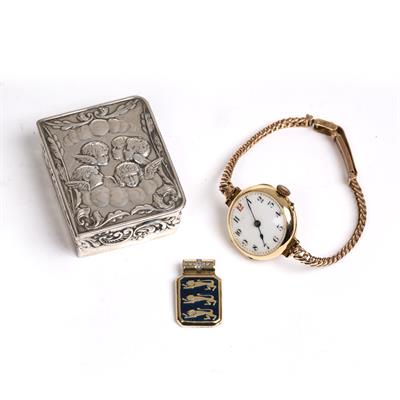 Lot 230 - Antique 18ct gold cased wristwatch on 9ct gold strap with Arabic numerals and white enamel dial