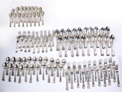 Lot 264 - Matched Georgian and later silver part canteen of King's pattern cutlery consisting of