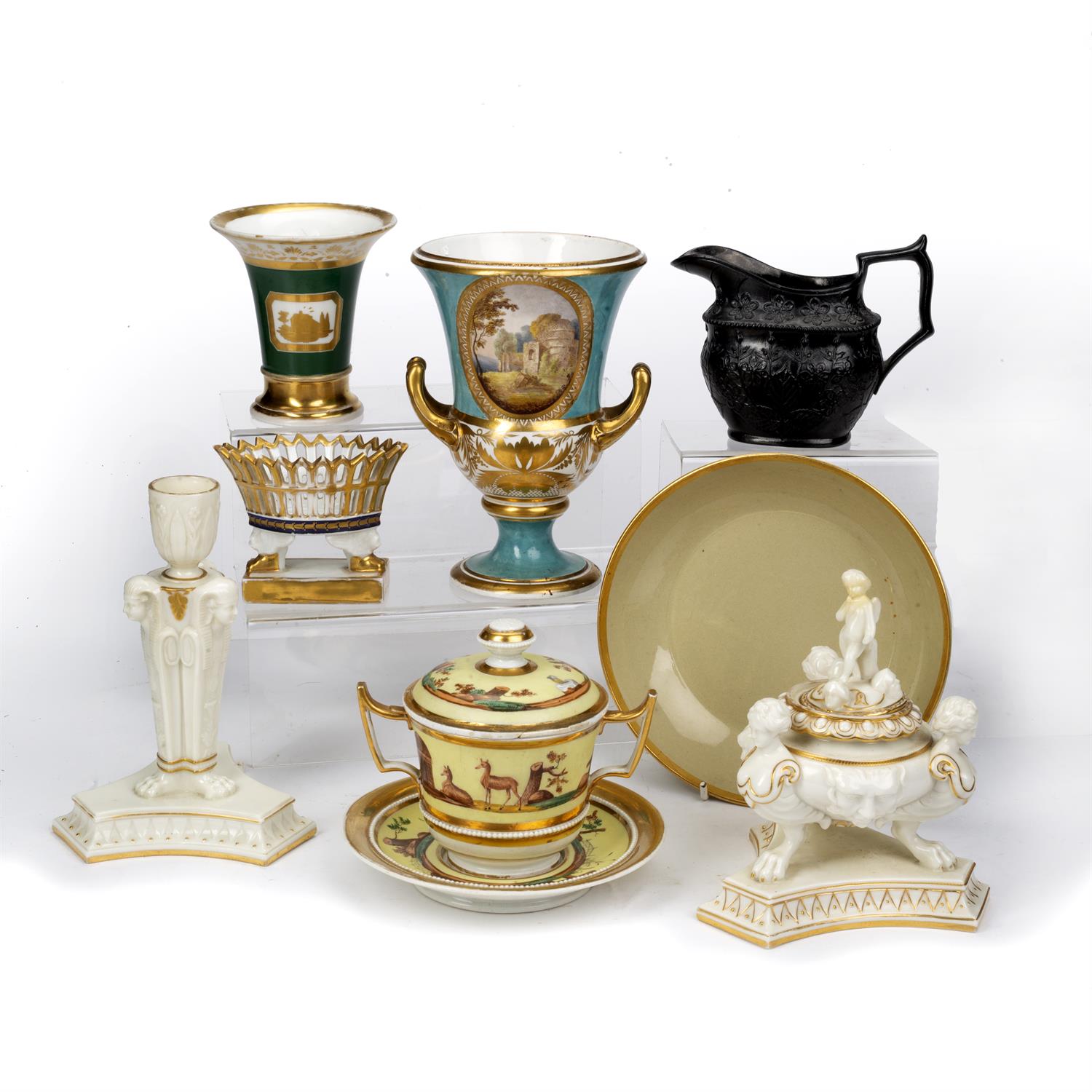 Lot 407 - Worcester Kerr & Binns classical style porcelain triform vase and cover