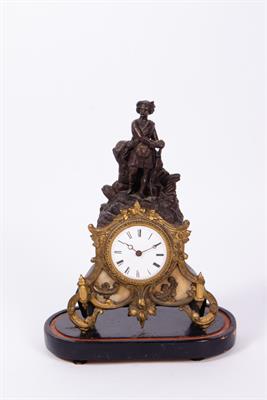 Lot 55 - A 19TH CENTURY TIN SPELTER AND GILT METAL MANTLE TIMEPIECE