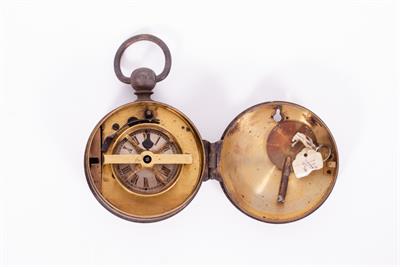 Lot 56 - AN ANTIQUE BRASS CASED NIGHT WATCHMAN'S CLOCK