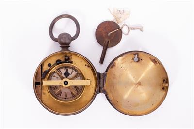 Lot 56 - AN ANTIQUE BRASS CASED NIGHT WATCHMAN'S CLOCK