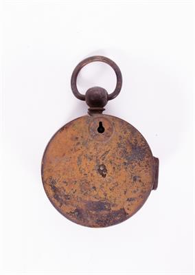Lot 56 - AN ANTIQUE BRASS CASED NIGHT WATCHMAN'S CLOCK