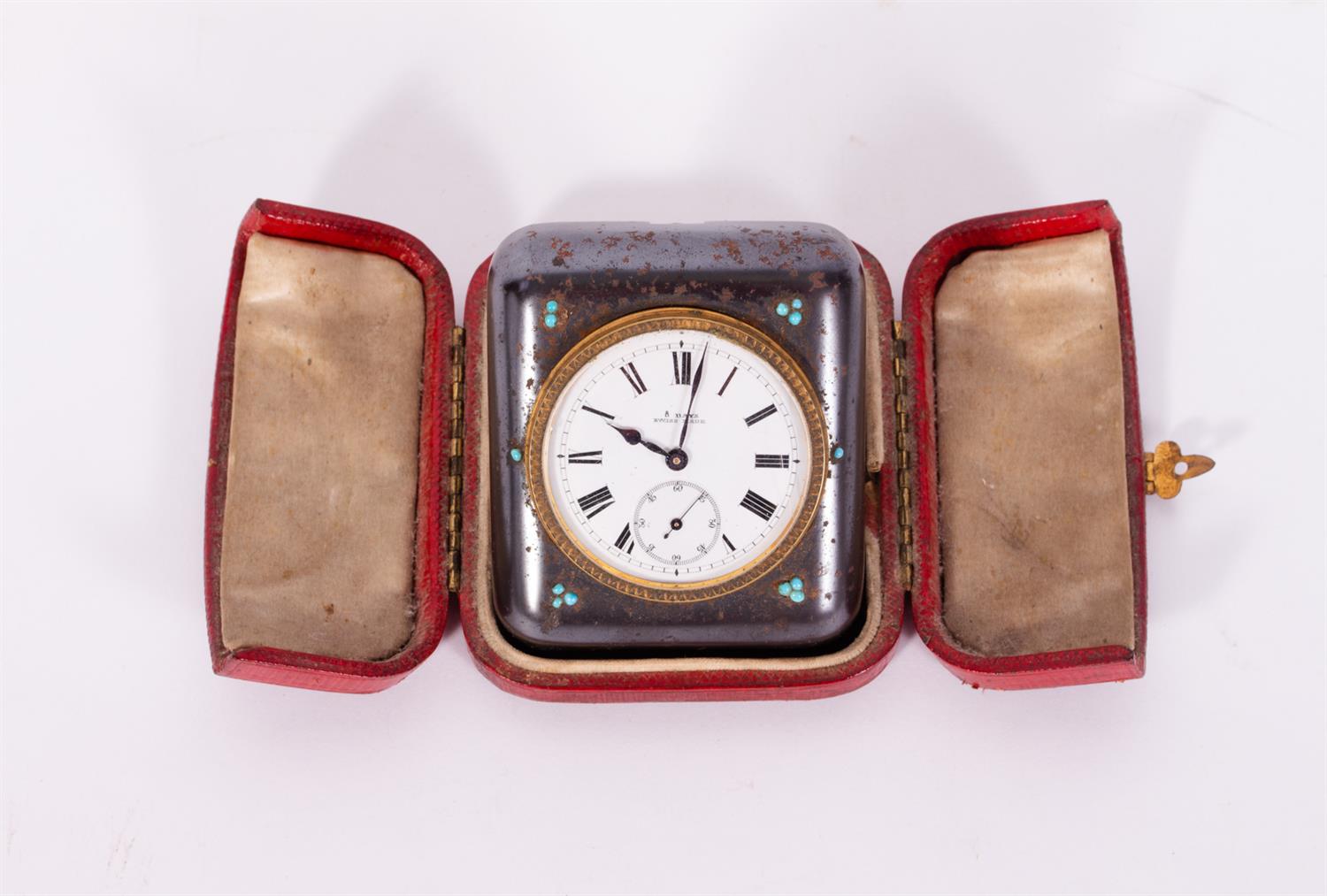 Lot 62 - A SWISS MADE STEEL CASED DESK TIMEPIECE