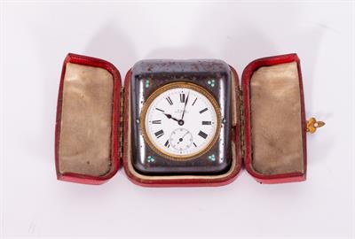 Lot 62 - A SWISS MADE STEEL CASED DESK TIMEPIECE