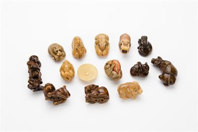 Lot 65 - THIRTEEN CARVED BONE AND RESIN NETSUKES