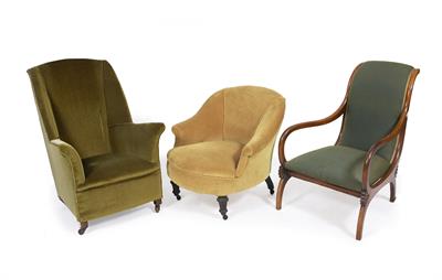 Lot 200 - A SMALL SIZE LOW GREEN DRAYLON UPHOLSTERED WING BACK ARMCHAIR