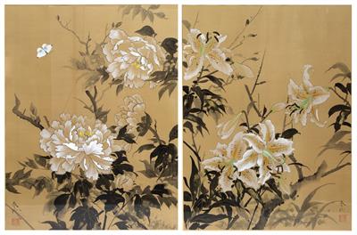 Lot 239 - A PAIR OF ORIENTAL GOUACHE FLOWER STUDIES ON SILK