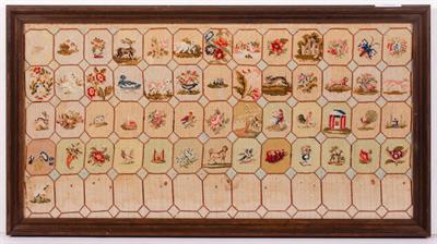 Lot 250 - A 19TH CENTURY NEEDLEWORK SAMPLER TYPE PANEL