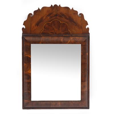 Lot 285 - A 17TH CENTURY STYLE YEW WOOD VENEERED CUSHION MOULDED MIRROR