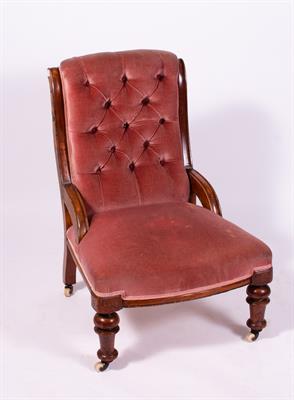 Lot 293 - A VICTORIAN WALNUT LOW PINK DRAYLON UPHOLSTERED CHAIR