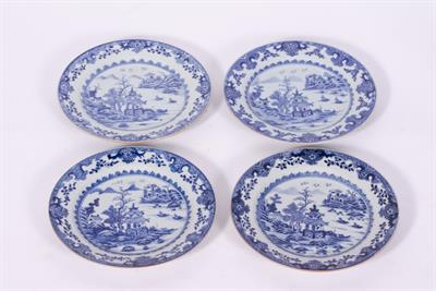 Lot 314 - A VERY SIMILAR SET OF FOUR 18TH CENTURY CHINESE EXPORT BLUE AND WHITE PLATES
