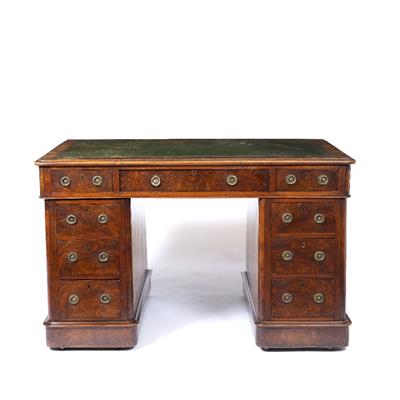 Lot 1 - A MID VICTORIAN BURR AND FIGURED WALNUT PEDESTAL DESK with green leather inset top fitted with one