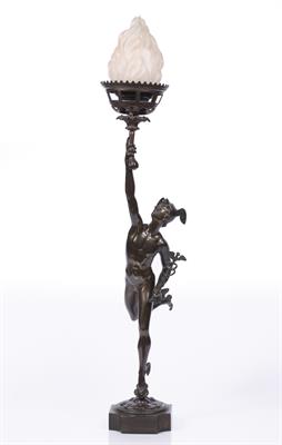 Lot 3 - A BRONZE FIGURE OF MERCURY AFTER GIAMBOLOGNA adapted as a table lamp with opaque glass flame shade