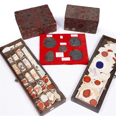 Lot 8 - A COLLECTION OF OLD WAX SEALS and two 19th Century boxes with wax sealed exteriors; together with
