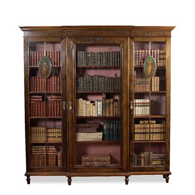 Lot 12 - A MAHOGANY  BREAKFRONT  BOOKCASE IN SHERATON REVIVAL STYLE  the moulded cornice with hand painted